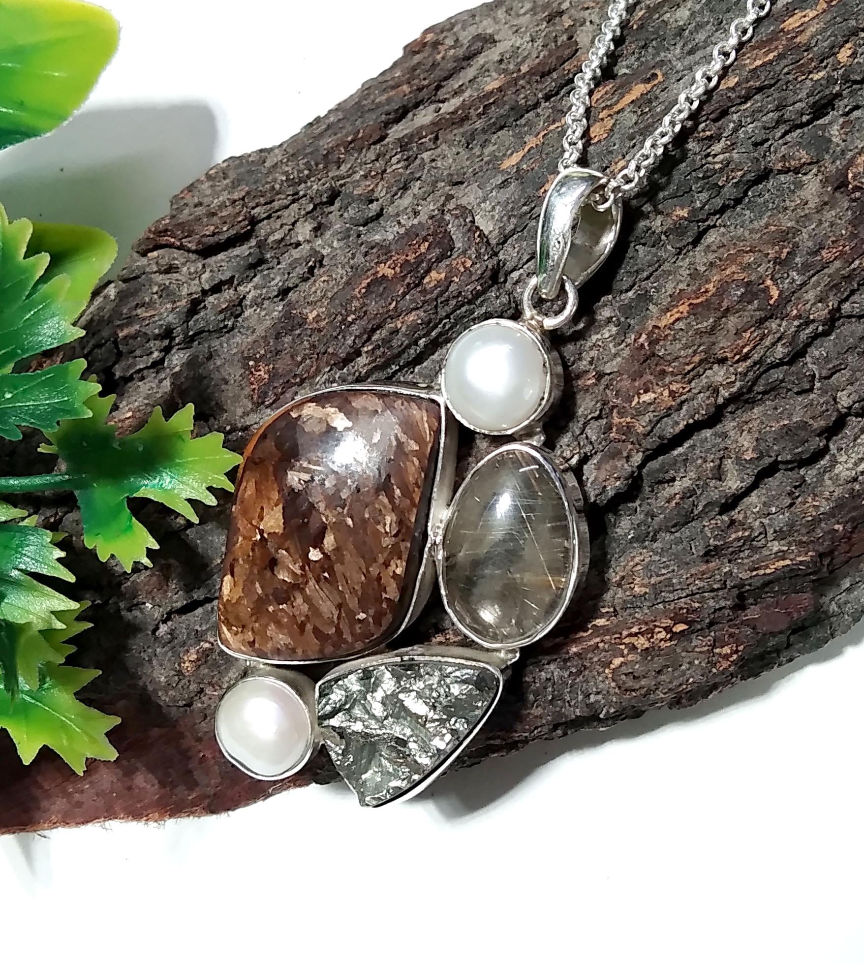 ALL Natural Gemstone Pendant, Bronzite With Real Multi Stone Pendant, 925 Starling Silver Jewelry Pendant, Handmade Making Stylish Pendant